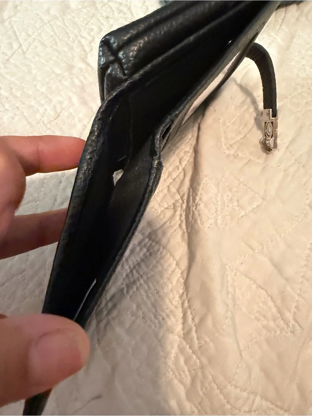 Compact Black Pebbled Leather Wallet with Silver Hardware